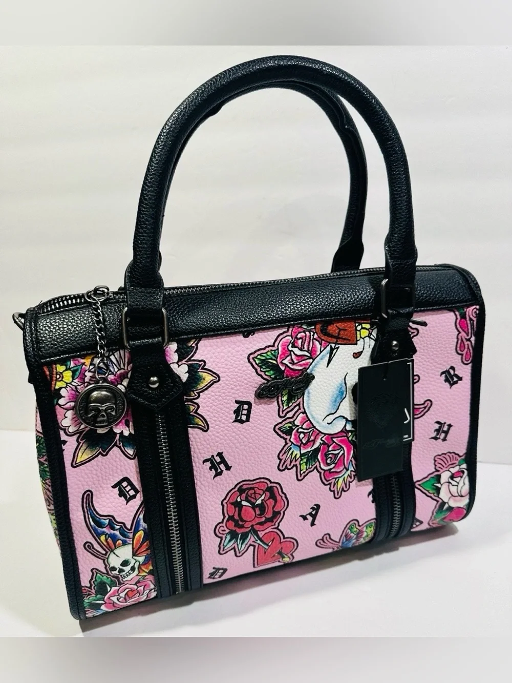Ed Hardy Pink Floral Tattoo-Print Satchel Handbag